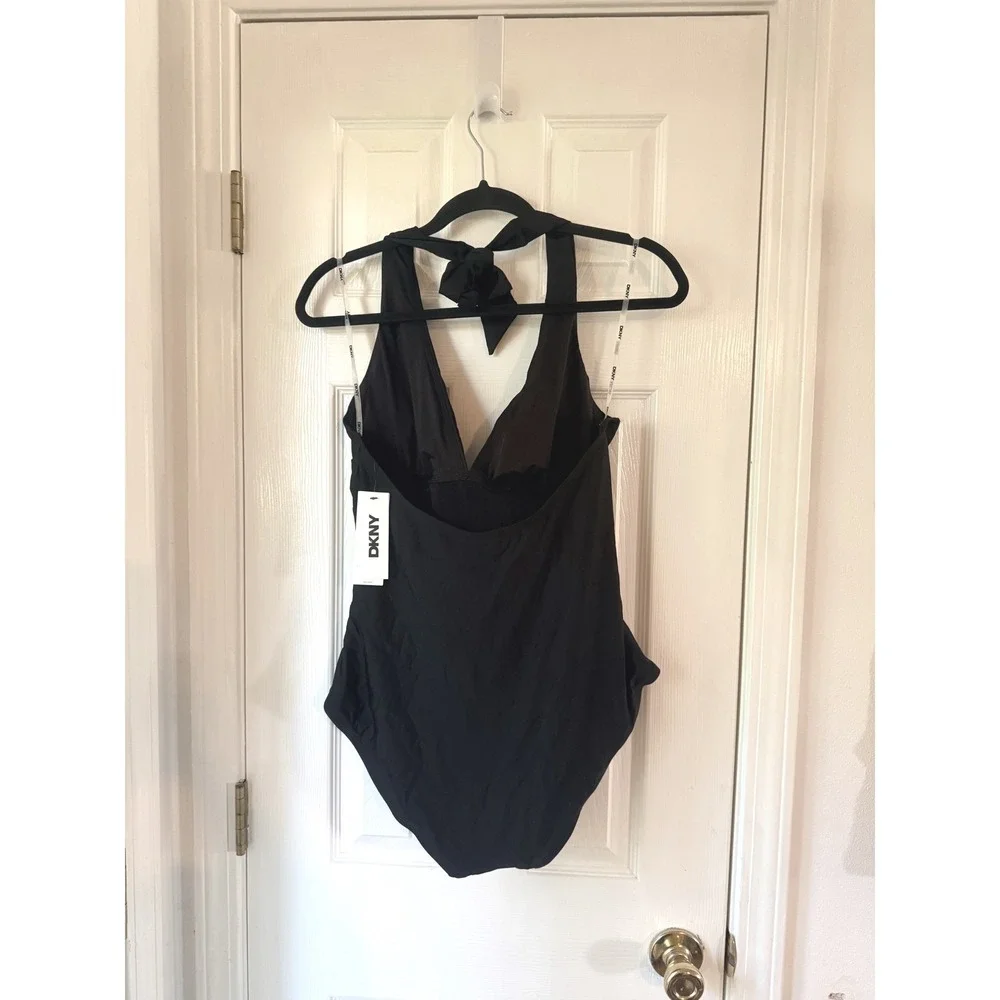 DKNY Womens Black Halter One Piece Swimsuit Ruched V-Neck Swimwear XL NEW - Picture 4 of 5